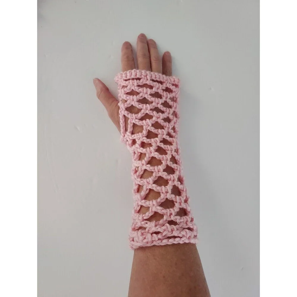 Fishnet Homemade Pink Crochet Long Fingerless Gloves Mesh Goth NEW